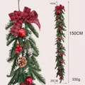 Christmas teardrop garland decoration with red buffalo plaid bow and red berries - 150cm Garland (PE Christmas Wreath) / 1 Piece