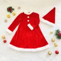 Festliches Weihnachts-Kleiderset für Mädchen aus rotem Samt mit passender Mütze - 1-3 Jahre / Kleider / Rot