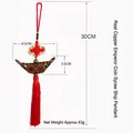 Traditional Chinese knot hanging ornament with copper coins and red tassel for New Year - Brass Five Emperor Coins Ingot Ship / Diameter 2.3cm (Width 9.5cm) / Red and Gold Mix