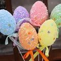 Detailed macro view of colorful Easter foam egg floral picks with sequins and ribbons - 4*6cm / Floral Sequins (013) / 6Pcs/Set