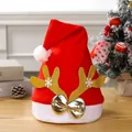 Red Christmas hat with golden reindeer antlers and metallic silver bow decoration - Gold Reindeer Antlers