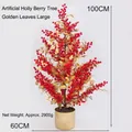 Vollansicht der 100 cm hohen künstlichen Winterbeere mit roten Beeren und Goldblättern - Large 100*60CM / Goldblatt