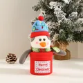 Detailed view of plush penguin Christmas gift bucket with Merry Christmas embroidery - Merry Christmas Snowman (Penguin)