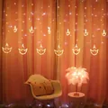 Warm white Diya-shaped LED curtain string lights hanging over translucent curtains - Plug-in 220V EU Version (8-Function) / Anchor Curtain Light Warm White