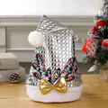 Festive silver metallic Christmas hat featuring rainbow sequin antlers and a metallic gold bow - Plaid Sequin Antler Hat (Silver)