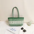 Woven green and white plastic tote bag for beach vacation and casual summer style - Dark Green