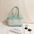 Mint green hand-woven plastic shoulder basket bag with geometric pattern for beach vacation - Light Green