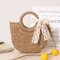 Handmade semi-circular straw woven handbag with a delicate lace bow for beach holidays - Mini Lace Style - No Lining Coffee / Brown (With Lace Bow, Strap, No Lining)