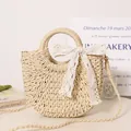 Charming semi-circle straw woven crossbody bag with delicate lace bow for beach trips - Mini Lace Style - Beige Lining / Off-White (With Lace Bow, Strap And Lining)