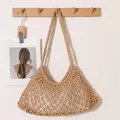Bolso hobo de malla de algodón tejido a mano beige, bolso de hombro estilo bohemio - Estilo Hebilla de Moneda en Forma de Abanico / Caqui (Con Bolsa Interior)