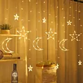 Warm yellow LED star and moon shaped curtain lights for cozy bedroom window decoration. - Star Moon Curtain Light (Uneven Height) / Plug-in Type (Standard Controller) / Warm White