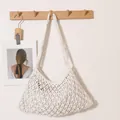 Bolso de hombro de algodón tejido calado hecho a mano en blanco crema para estilo casual - Estilo Hebilla de Moneda en Forma de Abanico / Beige (Con forro)
