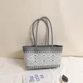 Stylish grey and white woven plastic beach tote bag with pink stripes for summer vacation - Gray