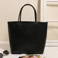 Elegant black woven plastic tote bag perfect for beach vacation and everyday shopping - L / Black