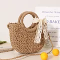 Handcrafted half-moon straw woven handbag featuring a delicate white lace bow accessory - Mini Lace Style - Coffee Lining / Brown (With Lace Bow, Strap And Lining)
