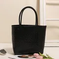 Elegant black hand-woven plastic tote bag perfect for beach vacation and chic shopping - S / Black