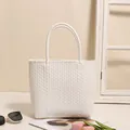 Minimalist elegant white plastic woven tote bag for seaside beach vacation and shopping - S / White