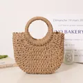 Chic handmade semi-circular straw woven handbag with circular handle for beach vacation. - Mini Basic Style - Brown / Brown (No Bow, No Strap, No Lining)
