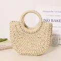 Handmade beige semi-circle woven straw handbag for summer beach holiday styling - Mini Basic Style - Off-White / Off-White (No Bow, No Strap, No Lining)