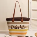 Grande borsa tote a righe in cotone con ricamo Dolce Vita per vacanze al mare - Lettera Arcobaleno Cotone-Marrone