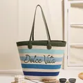 Grande borsa da spiaggia intrecciata ricamata con scritta Dolce Vita e strisce blu - Lettera Arcobaleno Cotone-Verde