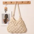 Elegant woven cotton rope hollow-out shoulder bag in cream white for beach vacations - Beige (With Lining)