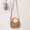 Handmade straw woven basket bag with brown leather strap for summer beach vacation - Flower Basket Style / Coffee