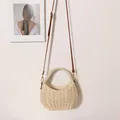 Fresh hand-woven natural straw crossbody bag with brown leather strap for beach holidays - Flower Basket Style / Beige