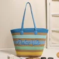 Borsa tote in corda di cotone intrecciata a righe colorate con ricamo Dolce Vita - Lettera Arcobaleno Cotone-Blu