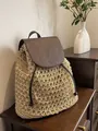 Bohemian style woven straw backpack featuring hollow knit and brown leather flap - Backpack Leather Flap Style / Beige