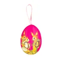 Vibrant pink foam Easter egg ornament with colorful rabbit illustration and ribbon - 5*7cm / Family Bunny Plum Red / 1 Piece