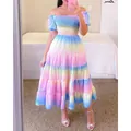 Full view of colorful rainbow gradient off-the-shoulder smocked tiered maxi dress. - XL / Top And Bottom / Gradient