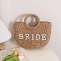 Handmade semi-circle straw bag with pearl 'BRIDE' lettering for beach weddings & travel - Pearl Letter Style (Zhen Zhu Zi Mu Yuan Dou) / Beige