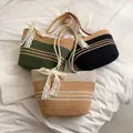 Handgewebte Baumwolltasche mit Spitzen-Schleife für den Strandurlaub - Kaffee Gestreift Mit Spitze