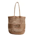 Grand sac à bandoulière en paille tressée avec motif ajouré et broderie PARIS - Style Doublé (1970) / Café
