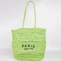 Grand sac bandoulière en paille tissée vert clair avec broderie PARIS pour les vacances - Style Doublé (1970) / Vert