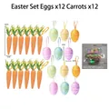 Osterdeko-Set mit 12 bunten Eiern und 12 Schaumstoffkarotten auf weißem Grund - Ostern Ei Karotte Set #12 / 24-Teiliges Set