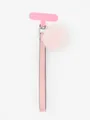 Close-up detail of a pink PU leather wrist strap featuring a soft fuzzy pom-pom charm. - Pink