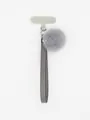 Close-up of grey PU leather phone lanyard with matching faux fur pom pom accessory - Gray