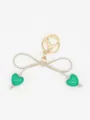 Cute macaron green heart and beige bow keychain bag charm featuring elegant gold lobster clasp - Emerald Green Heart With Beige Rope