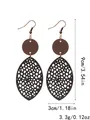 Bohemian style hollow mesh black leather drop earrings with dark brown wooden discs - Black Classic Style (11319) / Black