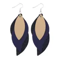 Detail view of three-layer leaf earrings featuring faux leather and denim textures - Triple Layer Leaf Style (11875)