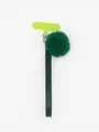 Dark green PU leather phone wrist strap with fluffy fur ball and neon green tether tab. - Dark Green