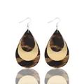 Detailed view of retro three-layer teardrop earrings with leopard print faux leather texture. - Triple Layer Leopard Waterdrop / Bright Gold