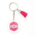 Close-up of the acrylic sunflower keychain featuring a pink tassel and mom-themed text. - Best Mom Ever Hand-drawn Flower