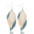 Detailed macro view of three-layer cascading leaf earrings in denim and PU leather - Triple Layer Patchwork Leaf Style (11876)