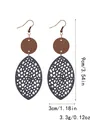 Detailed dimensions of boho hollow mesh leather and wood earrings in centimeters and inches - Black Leaf Style (11321)
