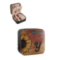 Detailed view of sunflower print PU leather jewelry box with mirror and ring slots - Sunflower Zipper Style Letter y (41405) / 9.5x9.5x5cm / Black