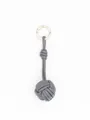 Detail view of a handmade grey PU leather knotted ball keychain with silver ring - Dark Gray (22341-1)