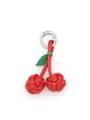 Detail of hand-braided red PU leather cherry keychain charm with silver ring - Burgundy